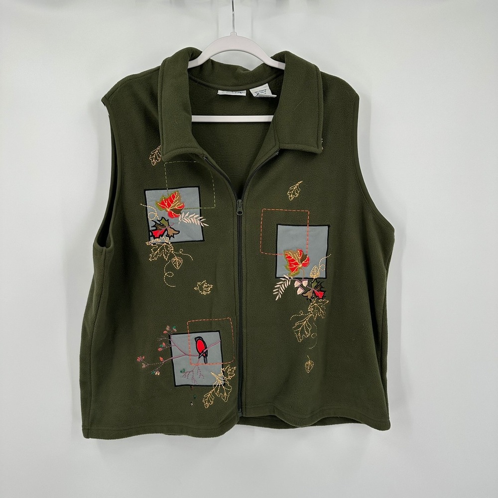 Womens Vintage Fall Fleece Vest Size XL Cabin Outdoorsy Grandma Embroidered